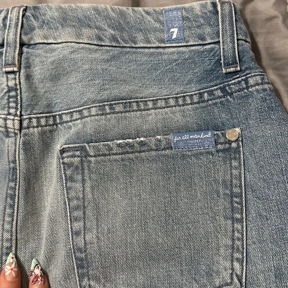 7 For All Mankind Light Blue Denim Mini Skirt with Frayed Hem - Picture 3 of 6